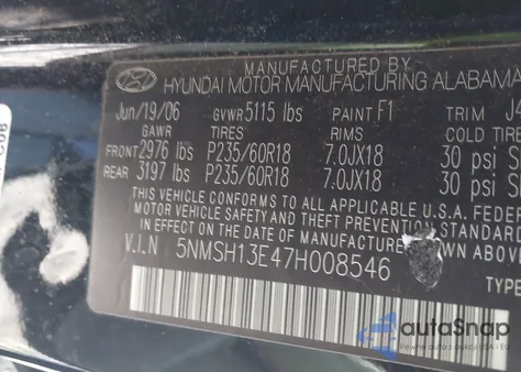 2007 Hyundai Santa Fe Limited/Se from USA, damaged, VIN 5NMSH13E47H008546